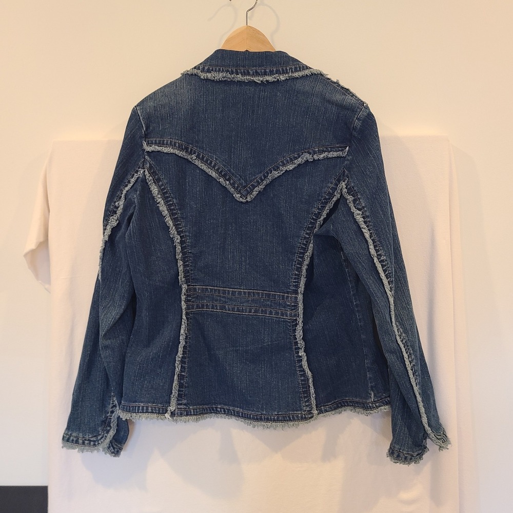 Kikit Jeans Womens XL Y2K Denim Blazer Floral Embroidered Frayed Western Jacket - Picture 4 of 6